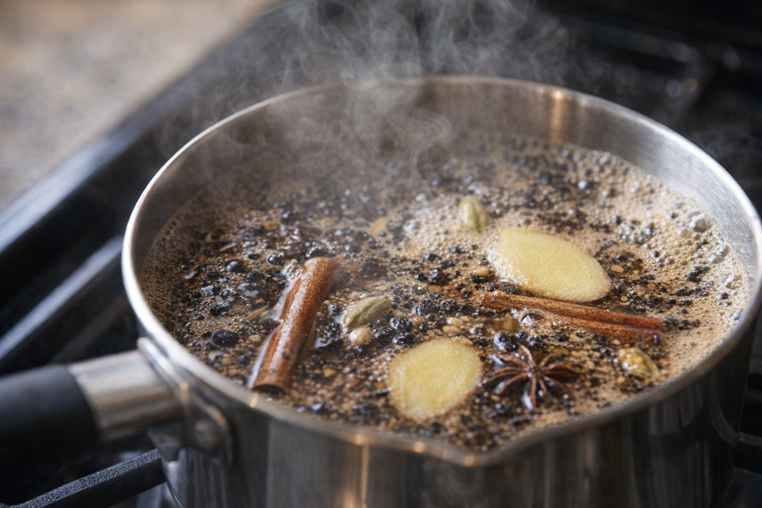 An action shot of masala chai simmering in a saucepan on the stovetop, steam rising, showing the spices and tea leaves infusing the liquid